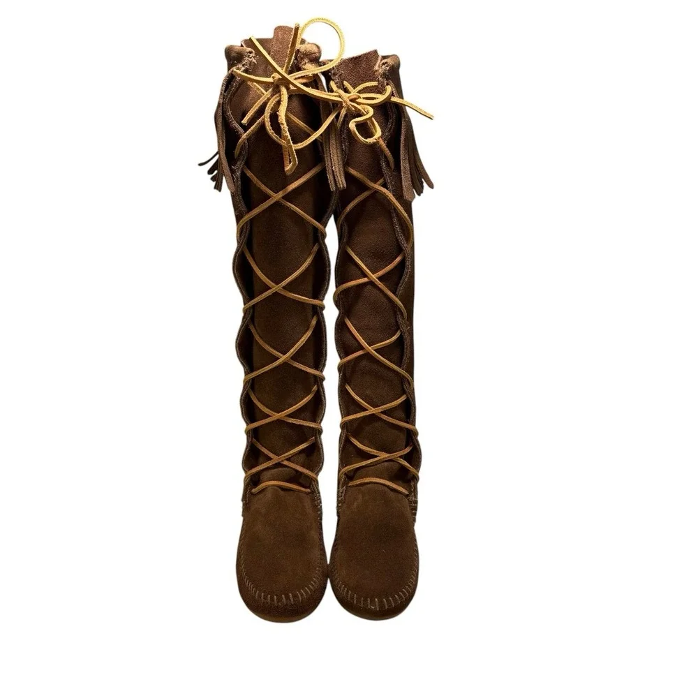 MINNETONKA 1428  Womens Size 7 Front Lace Up Boots Knee High Moccasin Fringe